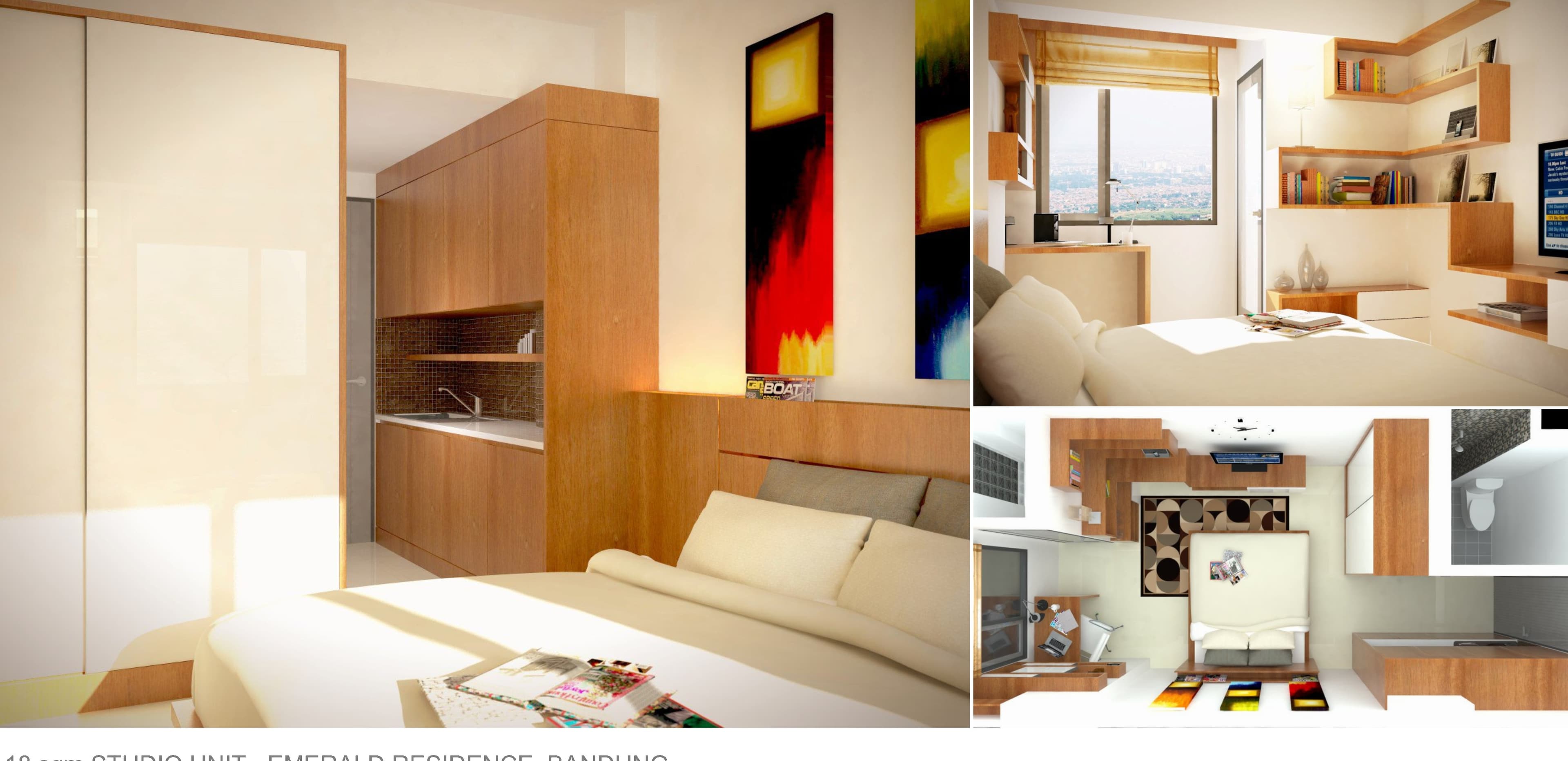 Studio Unit, Emerald Residence (18 sqm) — bedroom, kitchenette, and floor plan.