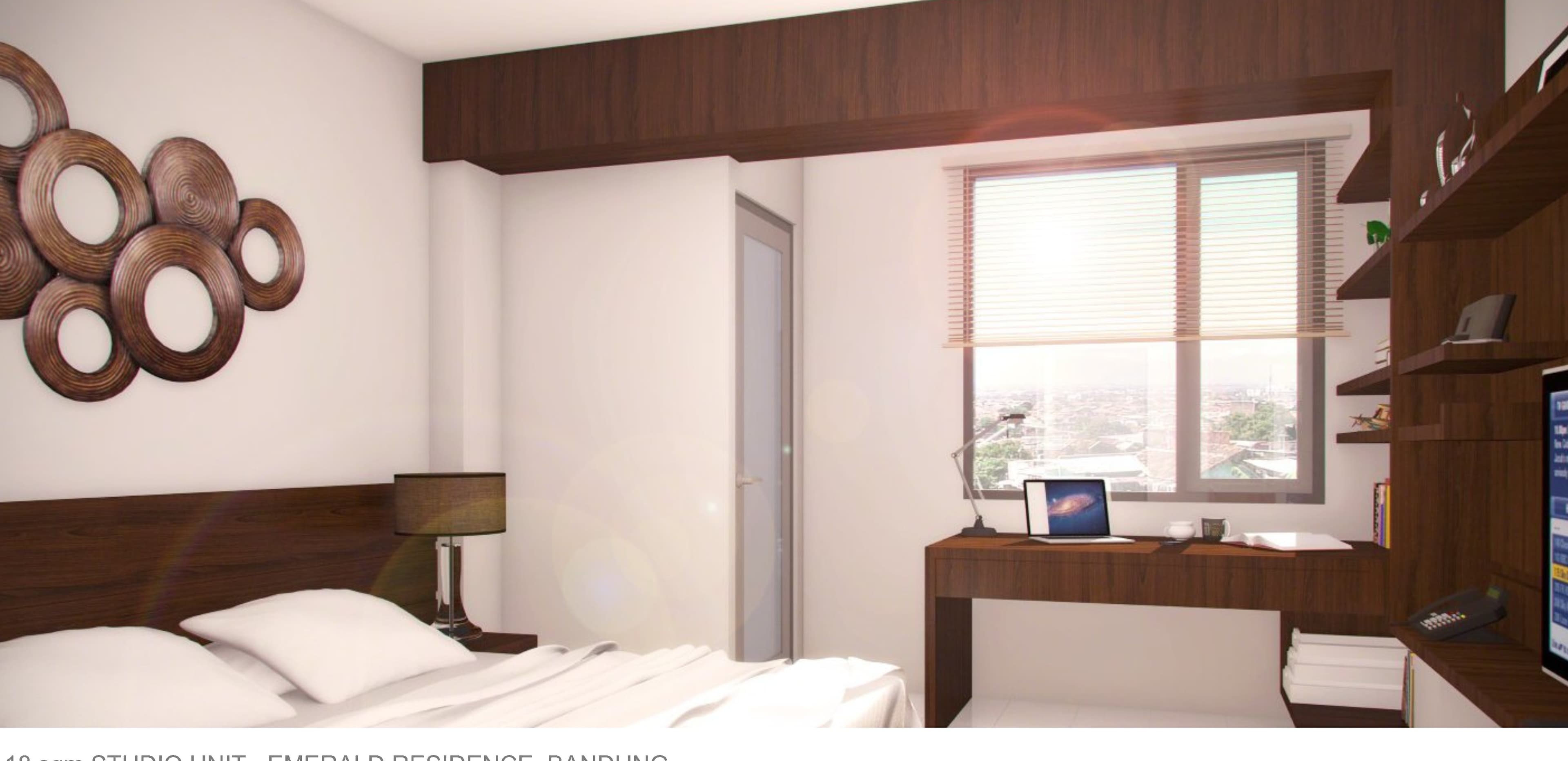 Studio Unit, Emerald Residence (18 sqm) — bedroom and corner work desk, full view.