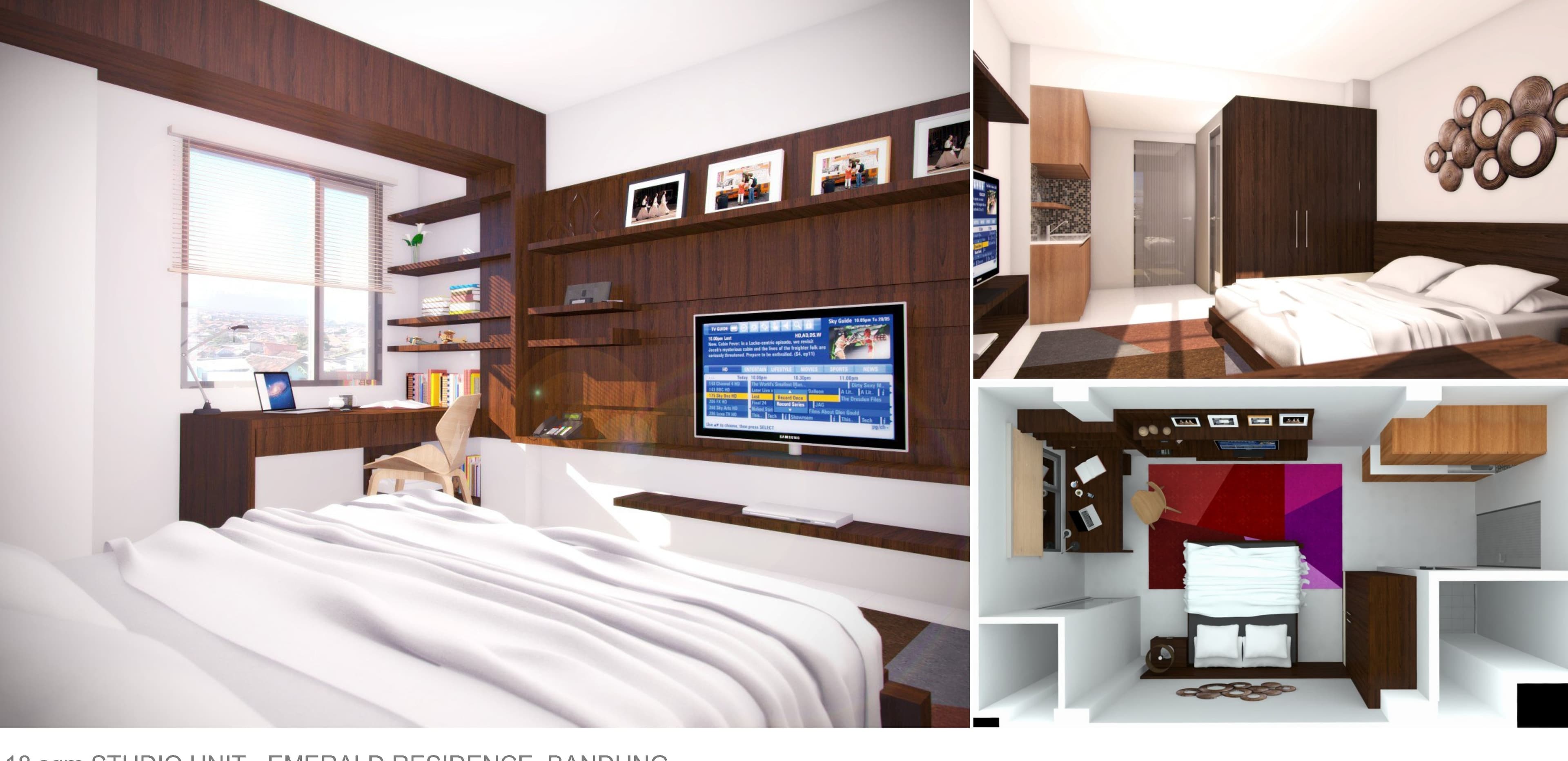 Studio Unit, Emerald Residence (18 sqm) — bedroom close-up, kitchenette, and floor plan.