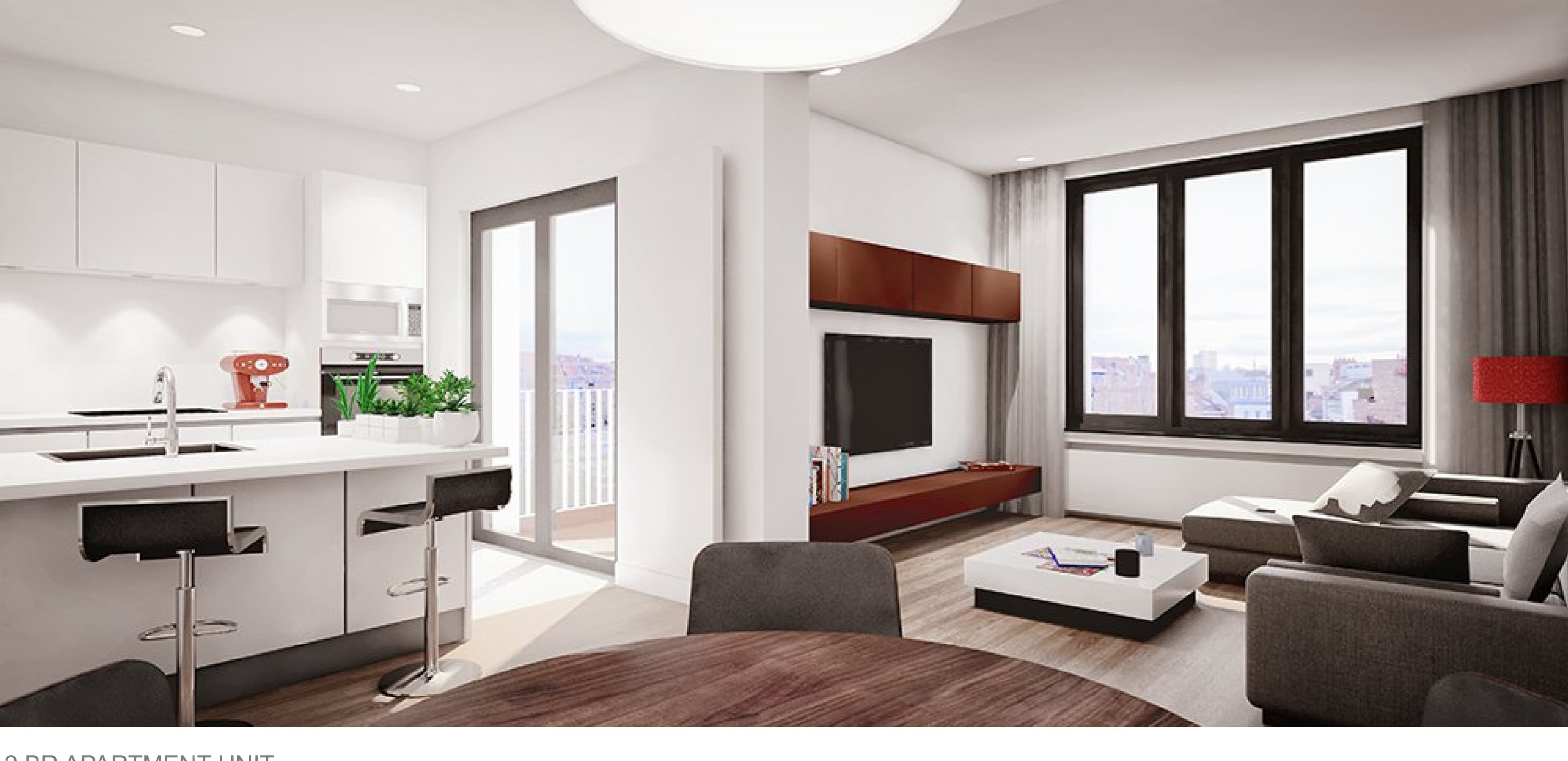 2BR Apartment Unit, Brussels — living and kitchen area, additional angle.