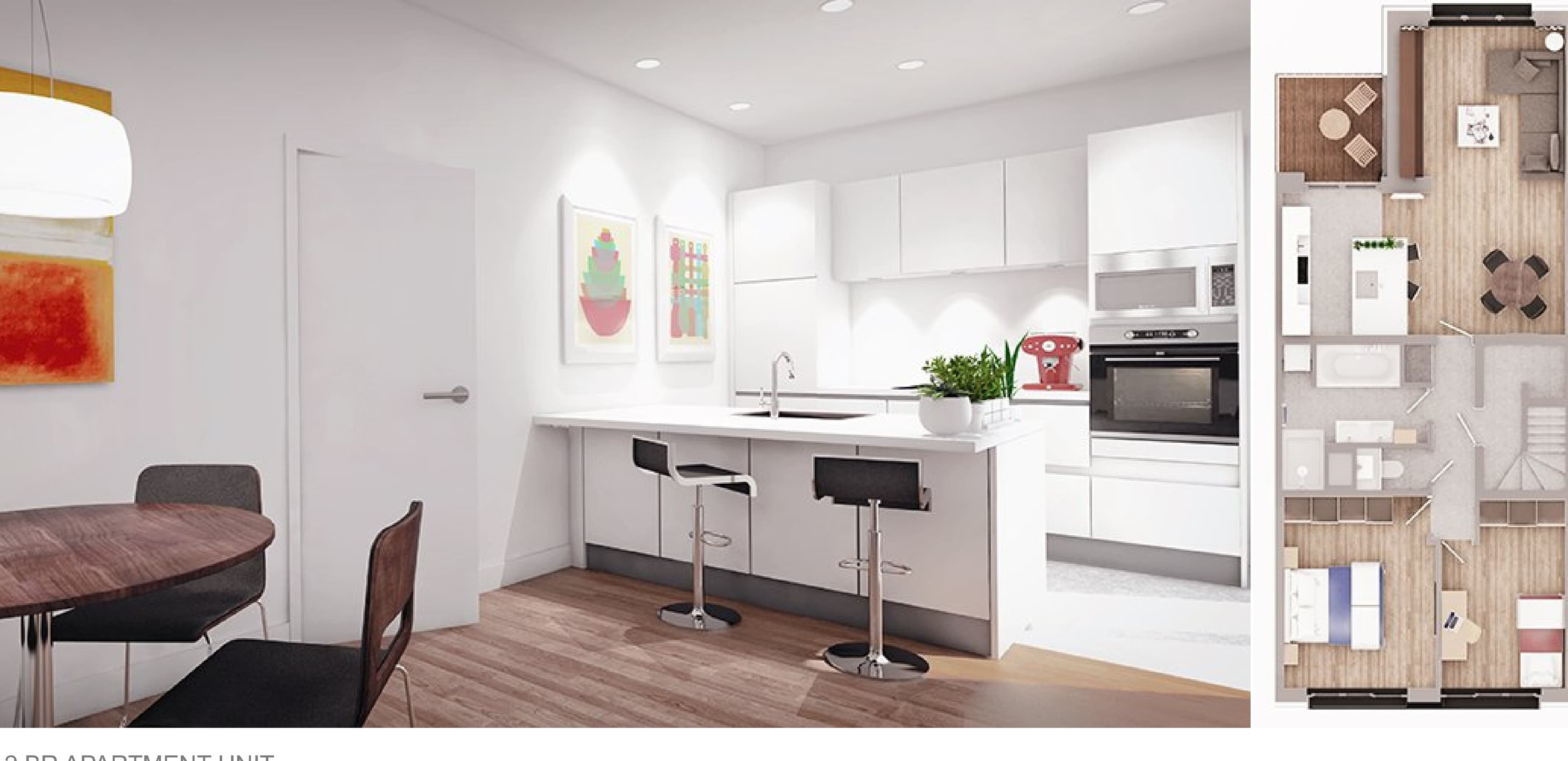 2BR Apartment Unit, Brussels — kitchen detail and floor plan.