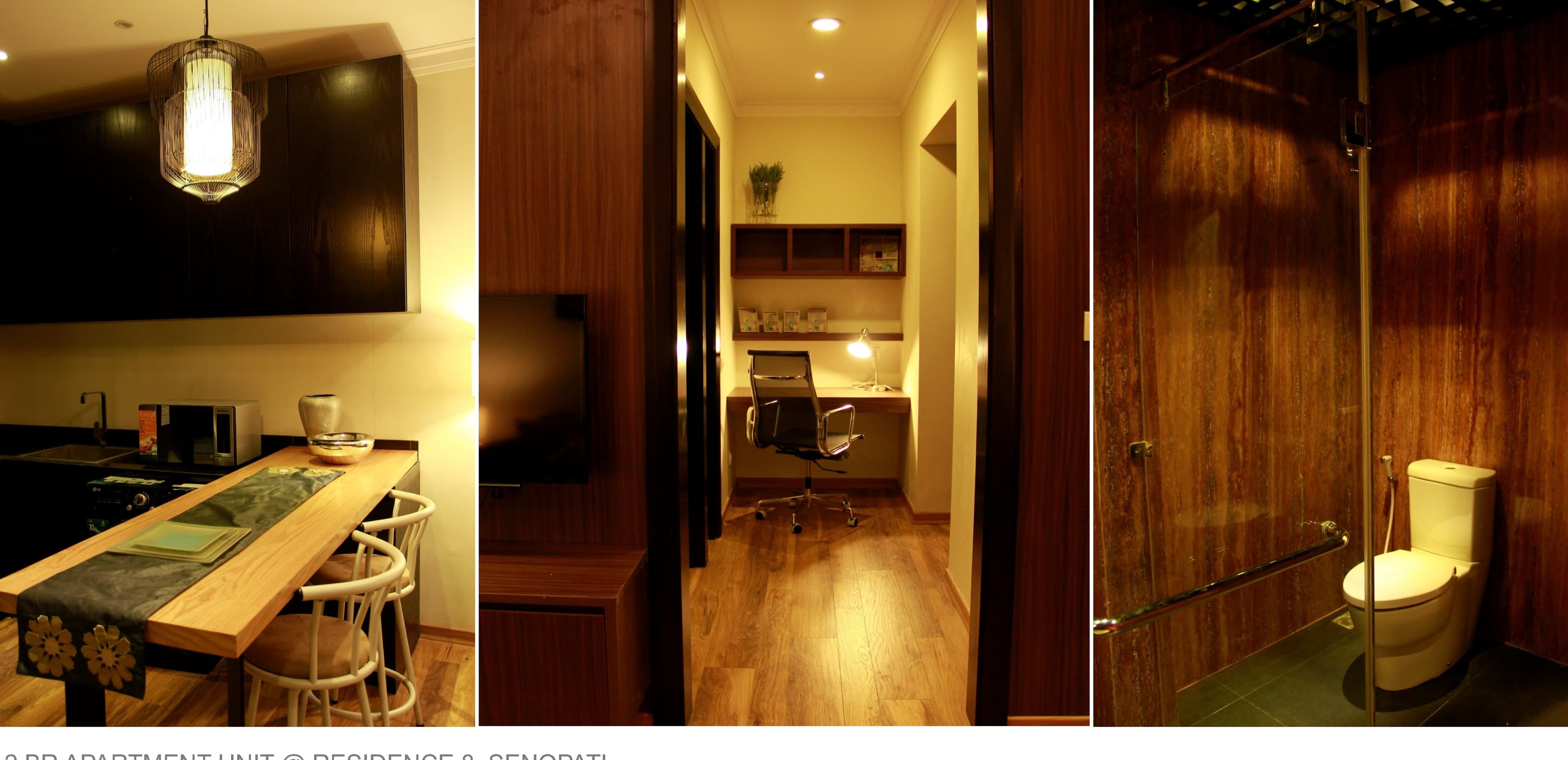 2BR Apartment Unit, Residence 8 Senopati — kitchen, home office nook, and bathroom.