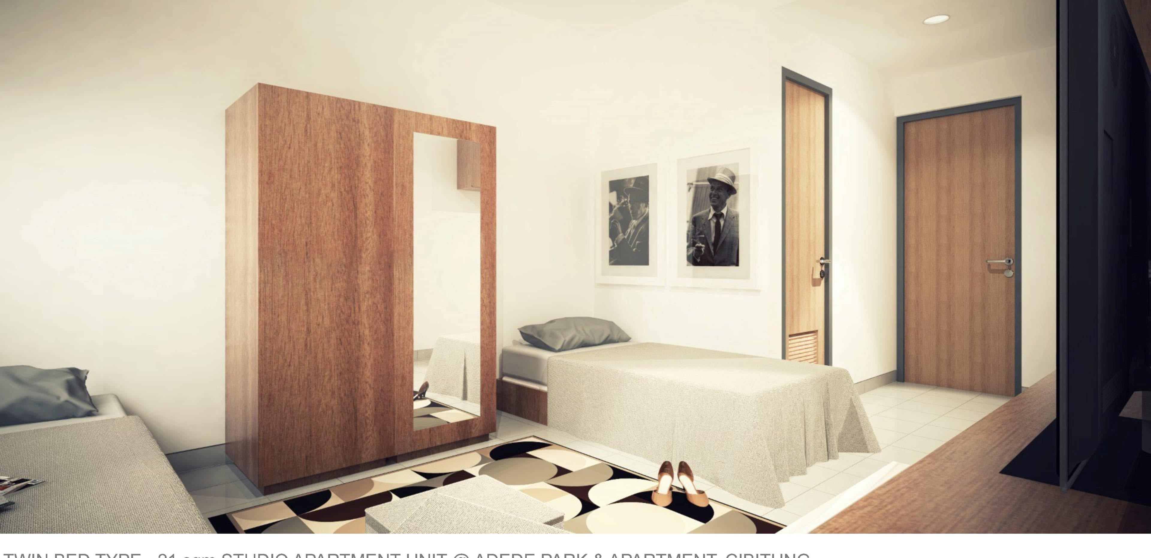Twin Bed Studio Unit, Adede Park & Apartment — room view with carved wood panel.