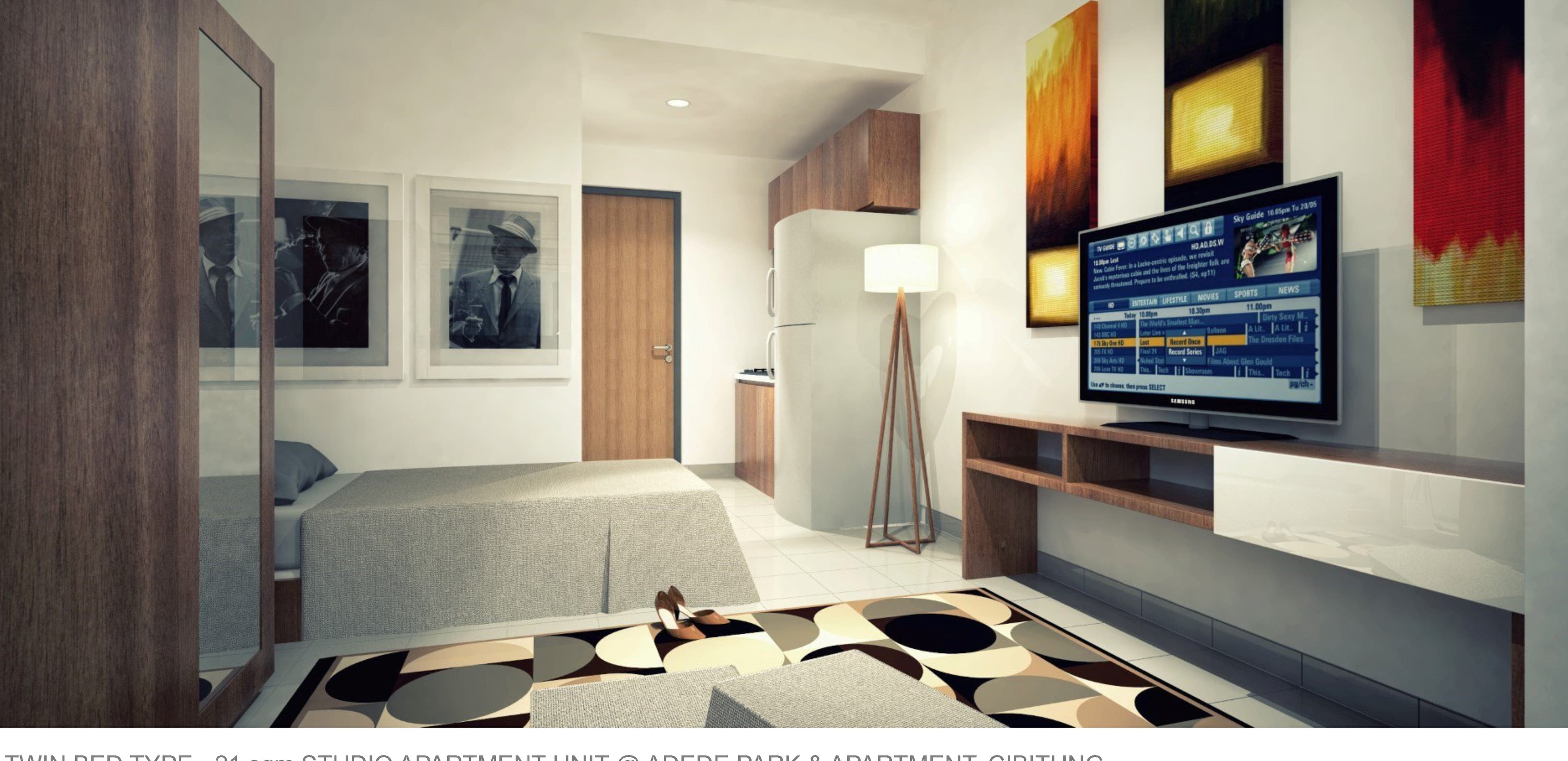 Twin Bed Studio Unit, Adede Park & Apartment — alternate angle with entertainment wall.