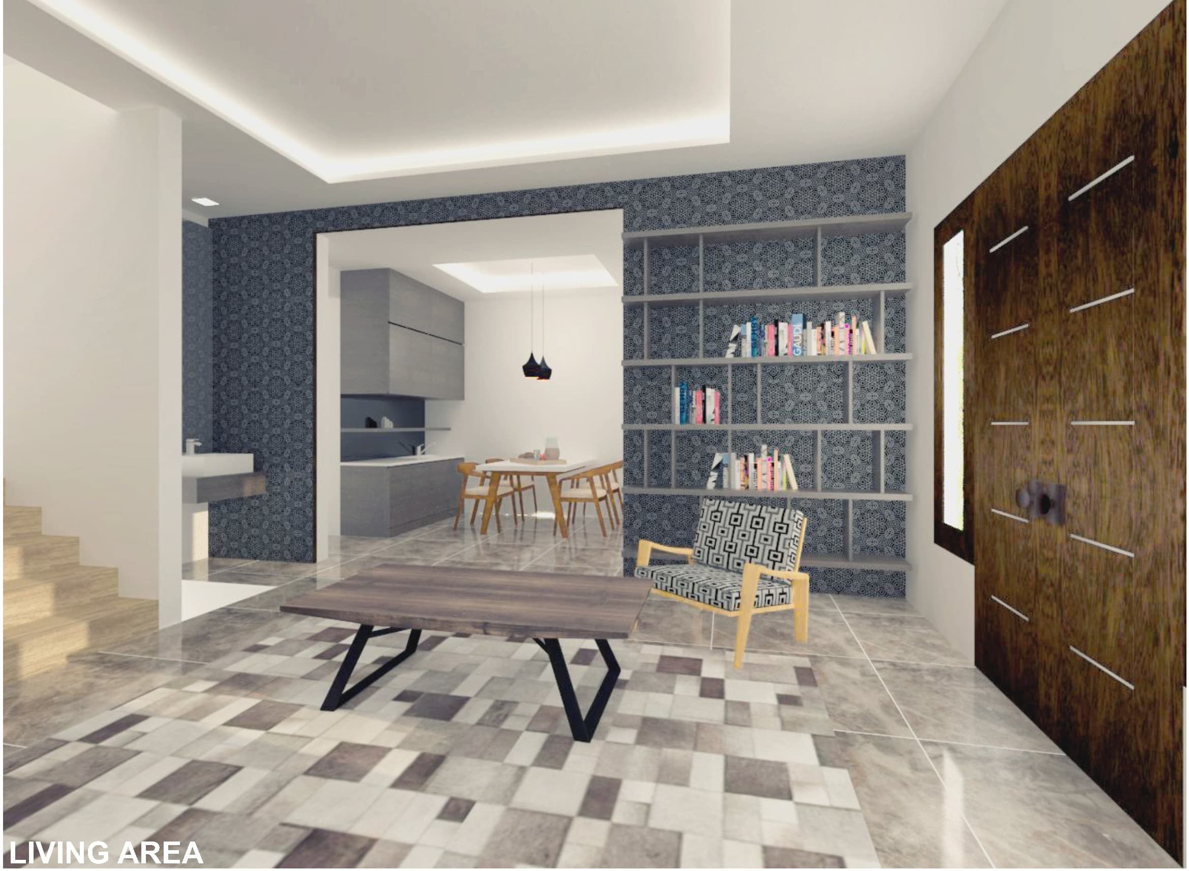Tomang House Interior Design — ground floor living area, alternate angle, with floor plan.