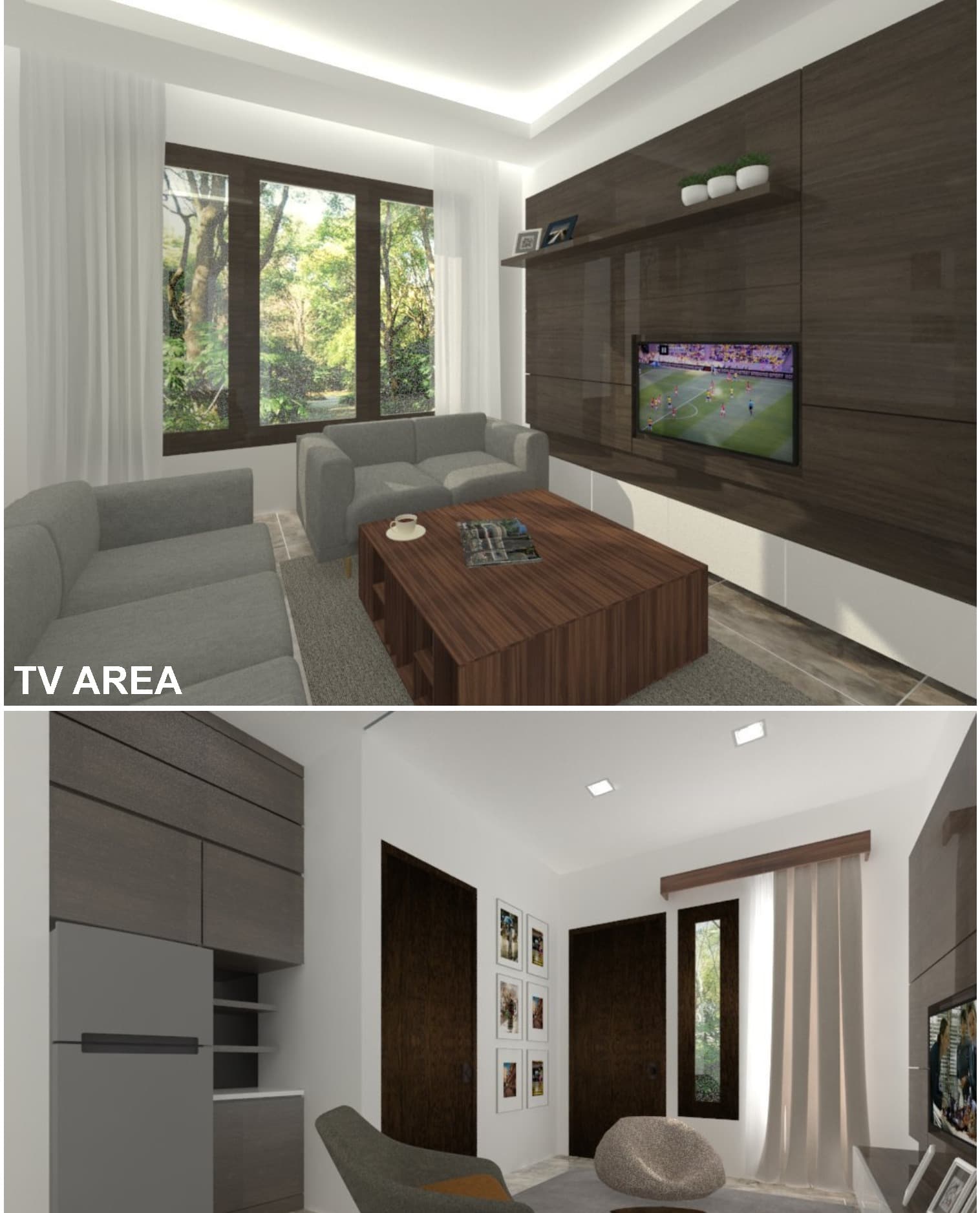 Tomang House Interior Design — TV area, 2nd storey living area, and floor plan.