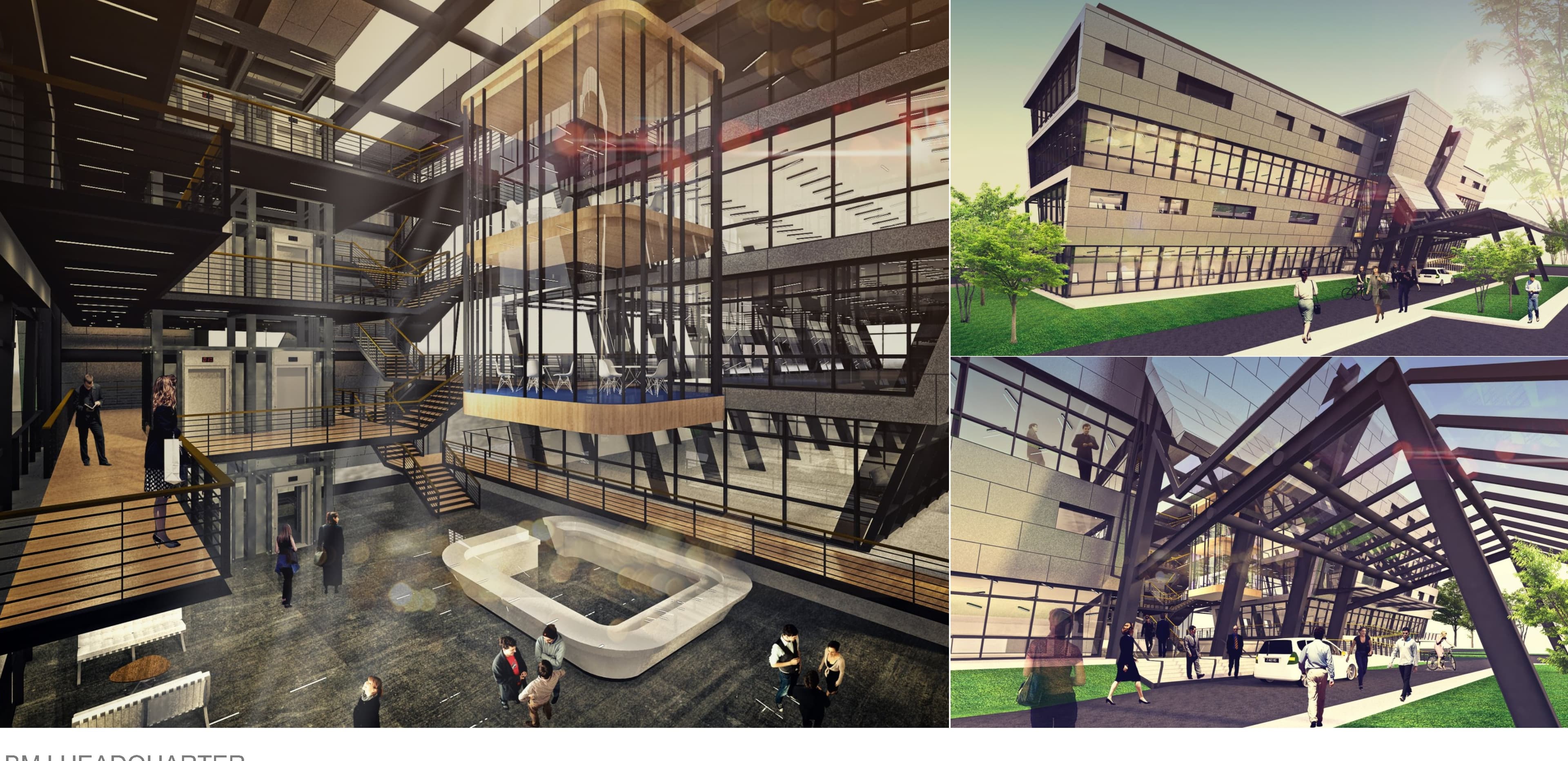 BMJ Headquarters — interior atrium and exterior views, architectural render.