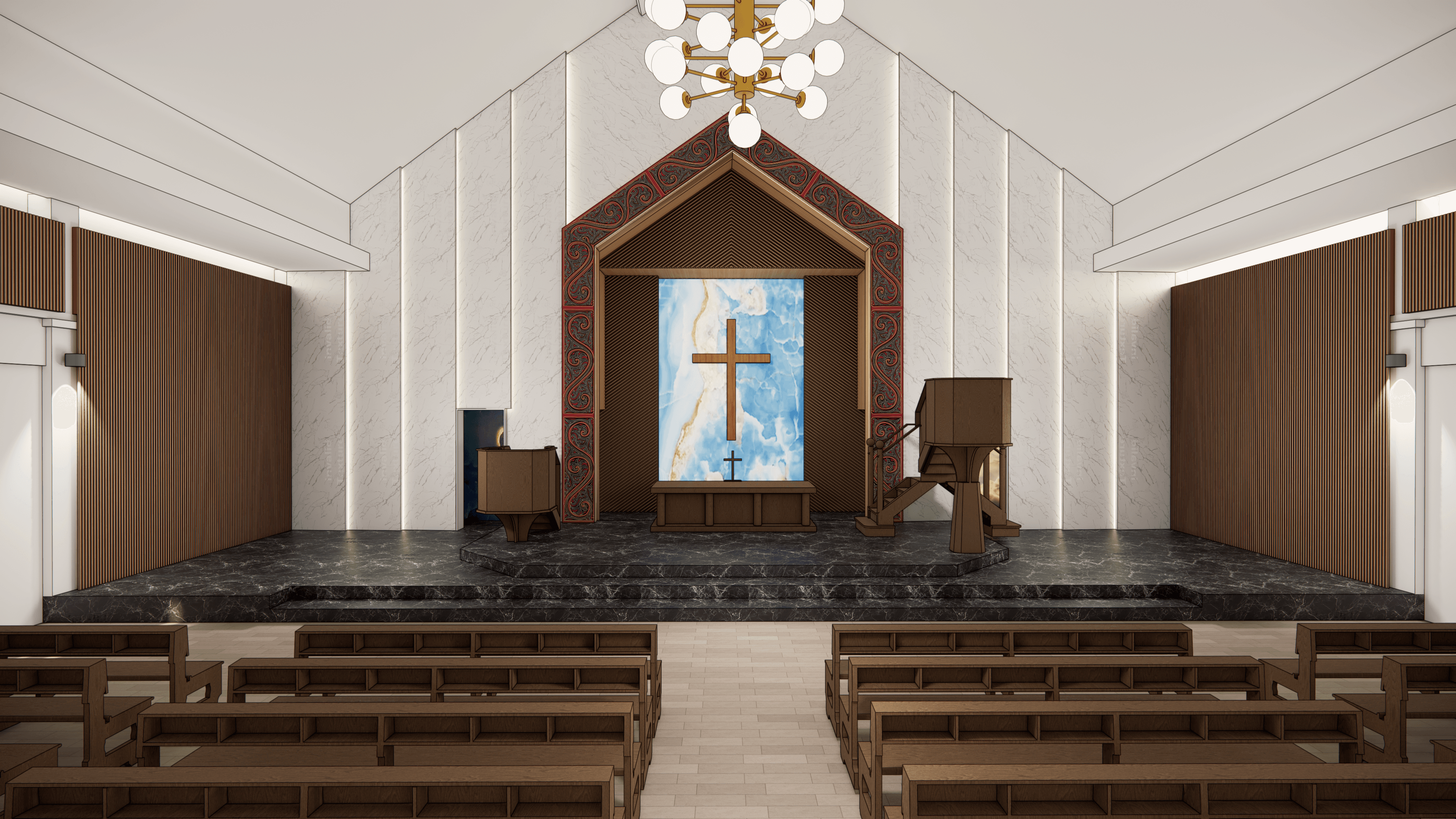 HKBP Church altar — proposed design, close-up view, architectural render.