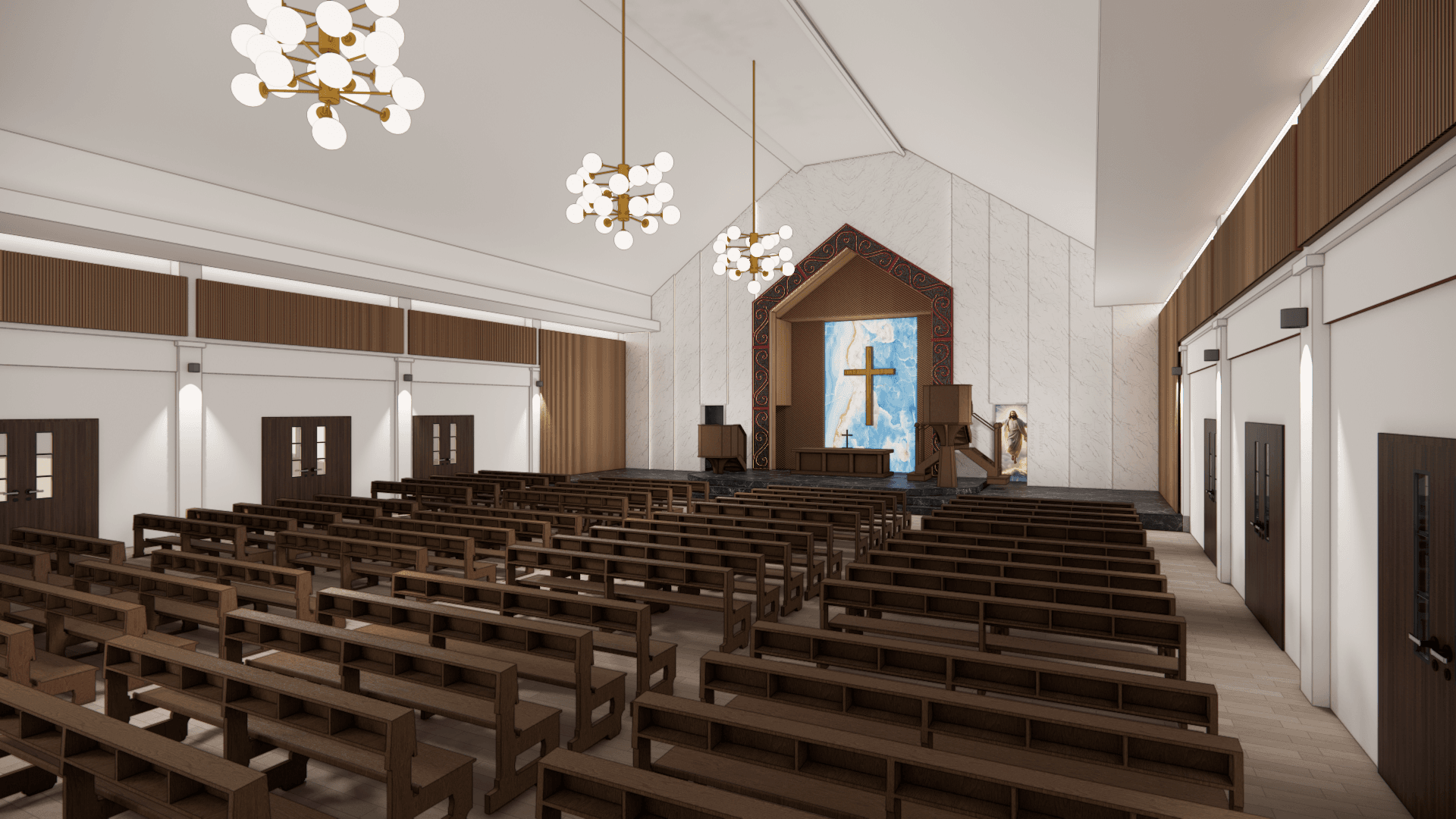 HKBP Church altar — proposed design, alternate wide interior view.