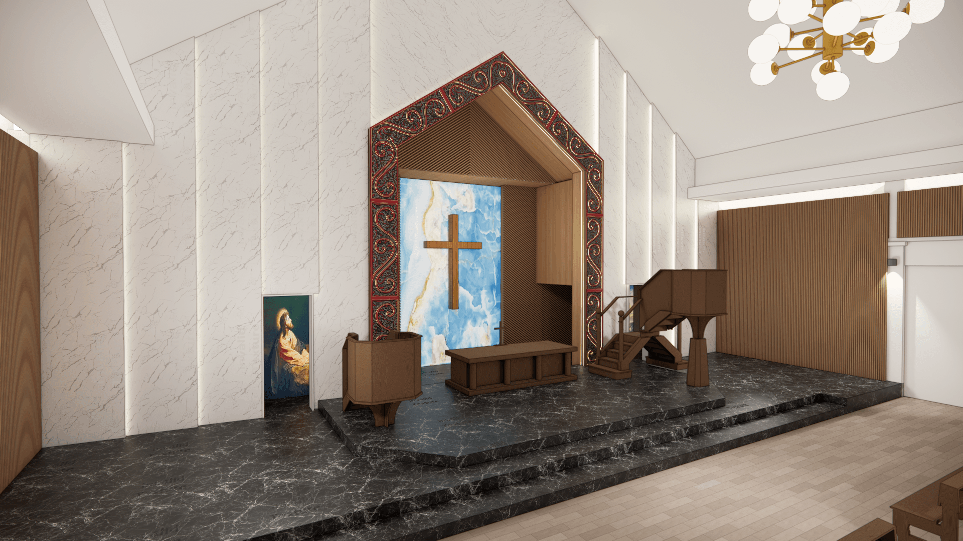 HKBP Church altar — proposed design, alternate close-up angle.
