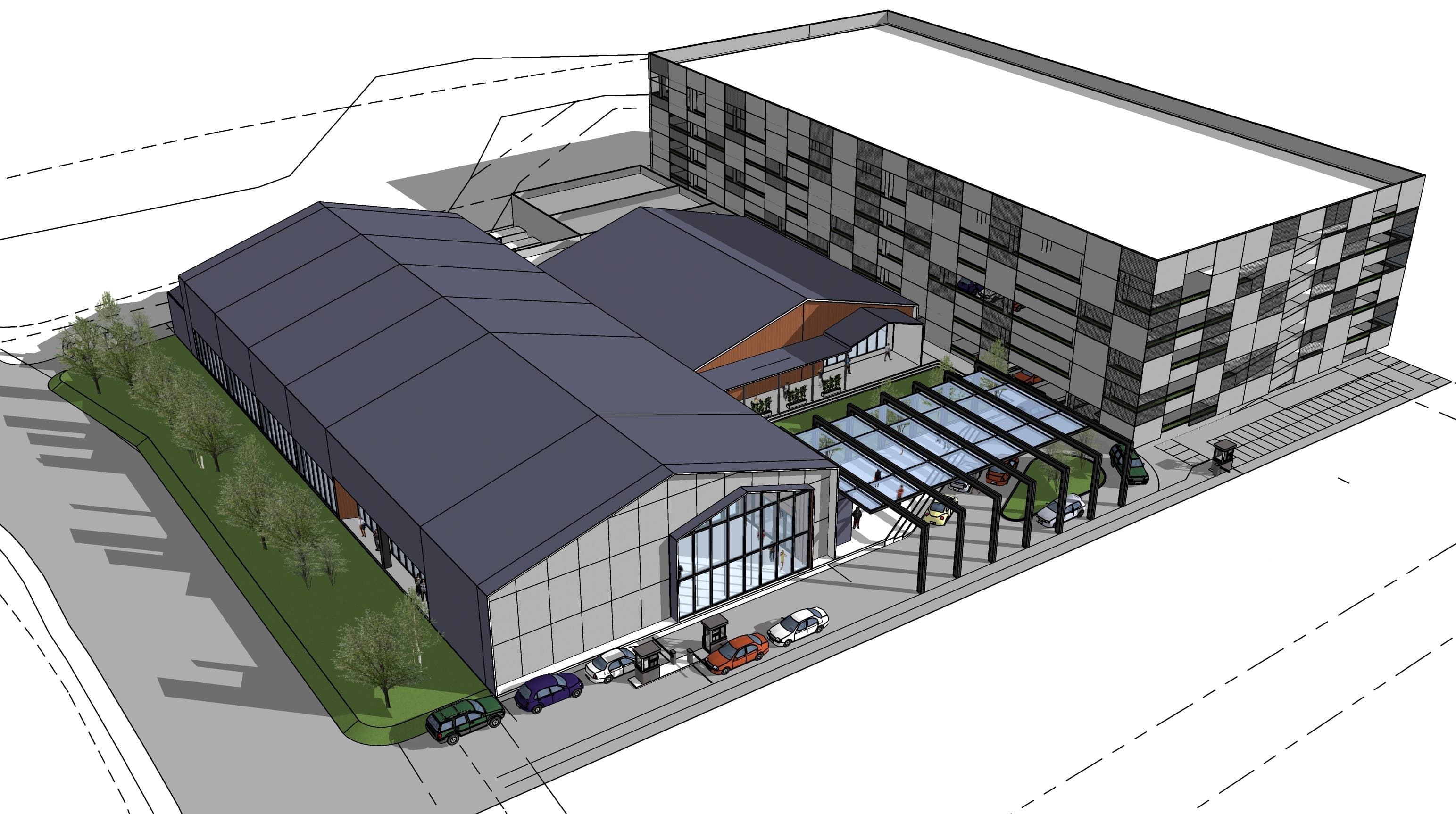 The Balai — 3D massing concept, aerial view of main hall, annex, and MSCP building