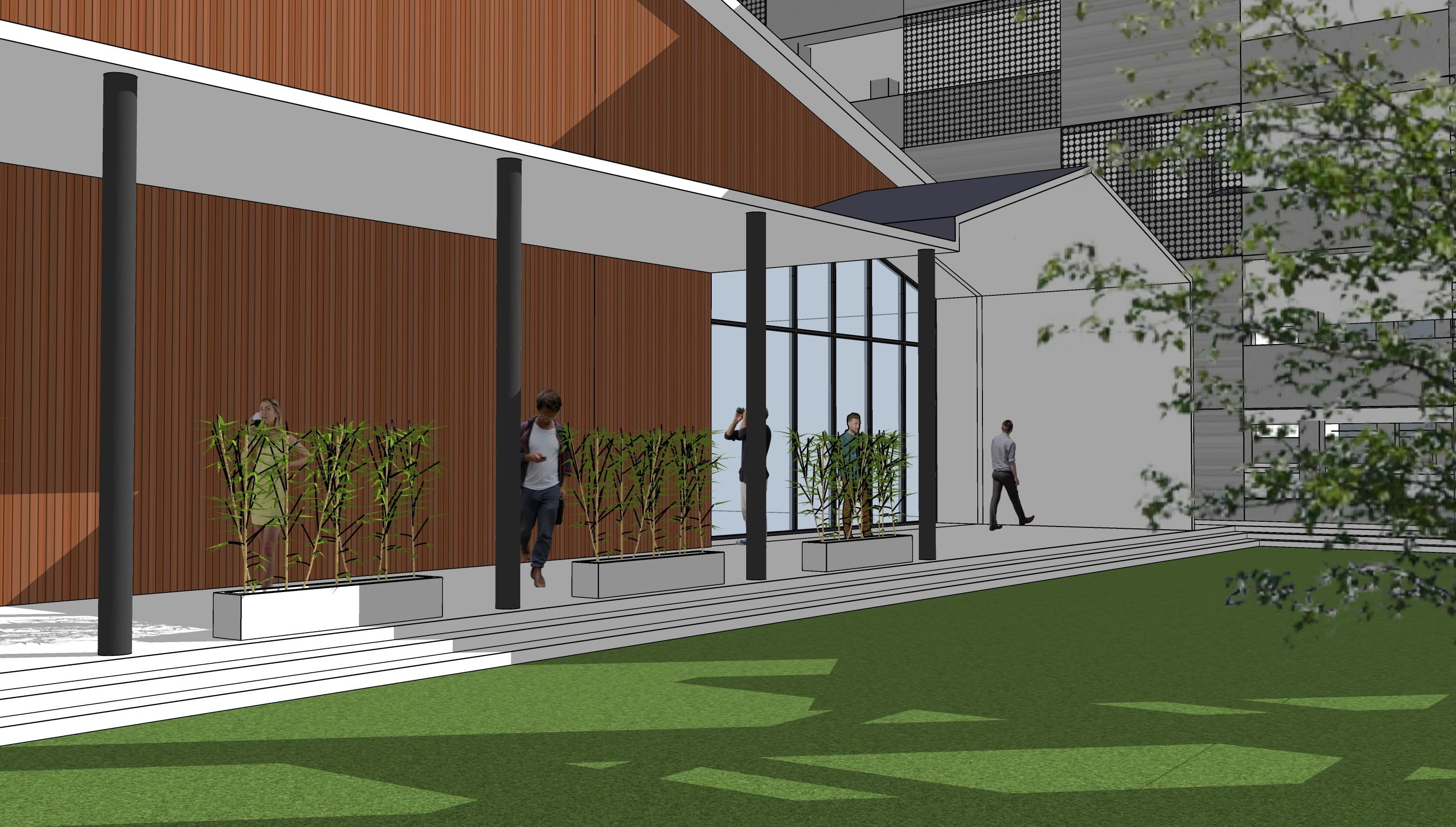 The Balai — covered entrance walkway with timber cladding and bamboo planting