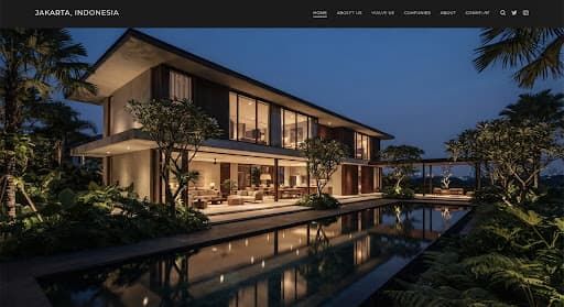 A sweeping, cinematic exterior shot of a luxury tropical modernist villa in Jakarta at dusk.