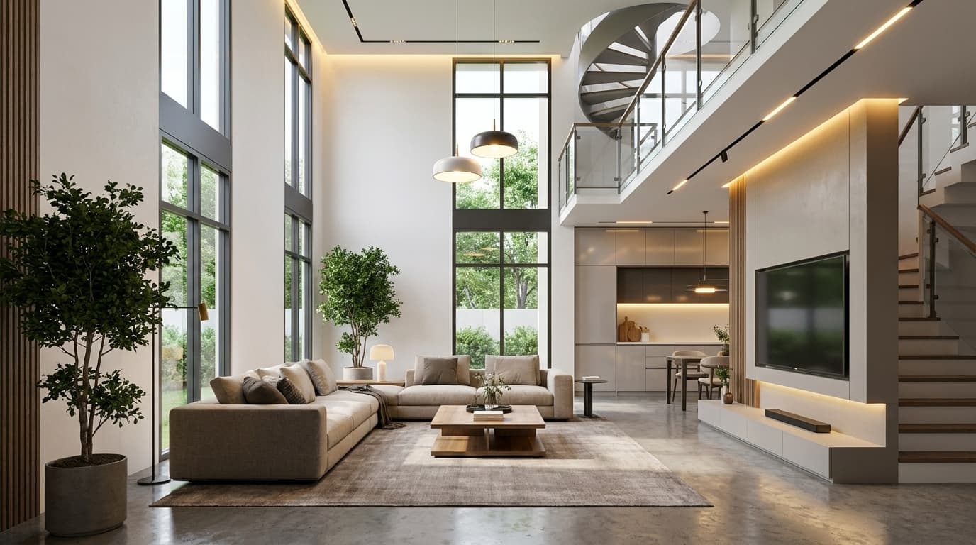 L House double-height living area